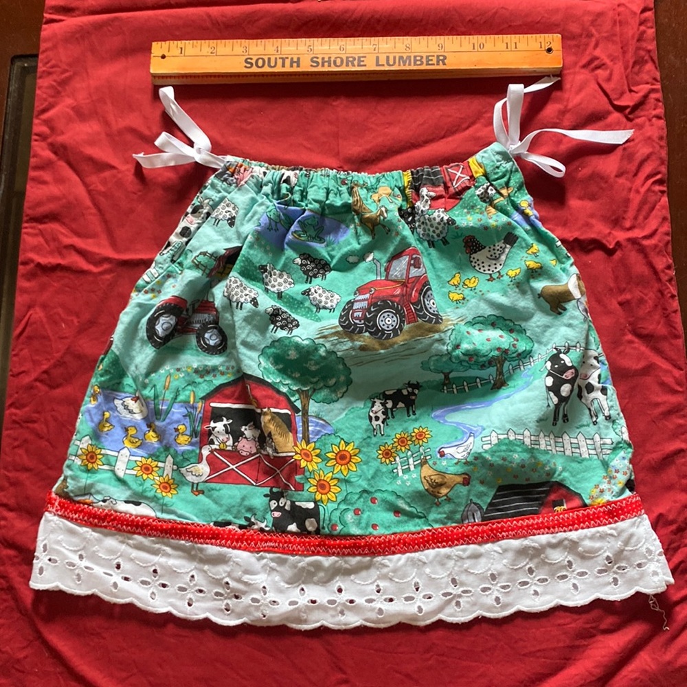 Baby girls handmade sack dress drawstring top of the dress farm themed colorful